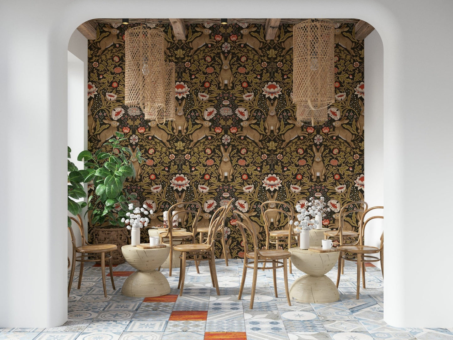 Nursery-friendly wallpaper with hares and springtime floral designs.