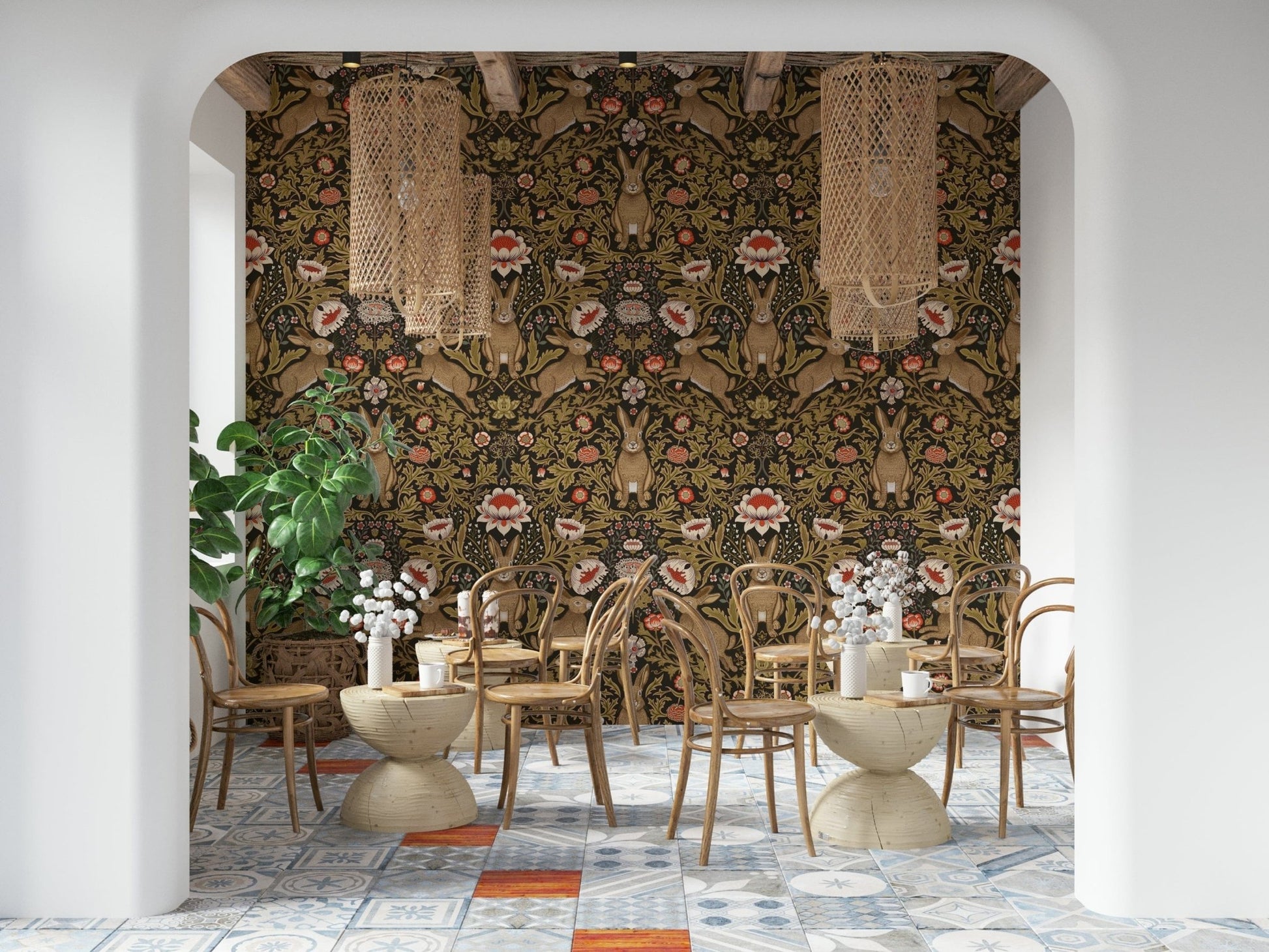 Nursery-friendly wallpaper with hares and springtime floral designs.