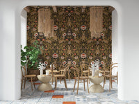 Nursery-friendly wallpaper with hares and springtime floral designs.