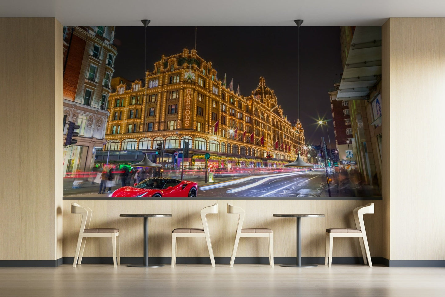 Iconic building illuminated with golden lights.

