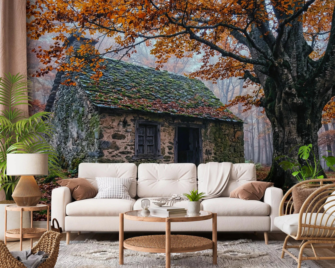 Rustic cottage wall mural for living room with autumn leaves and mossy stone cabin
