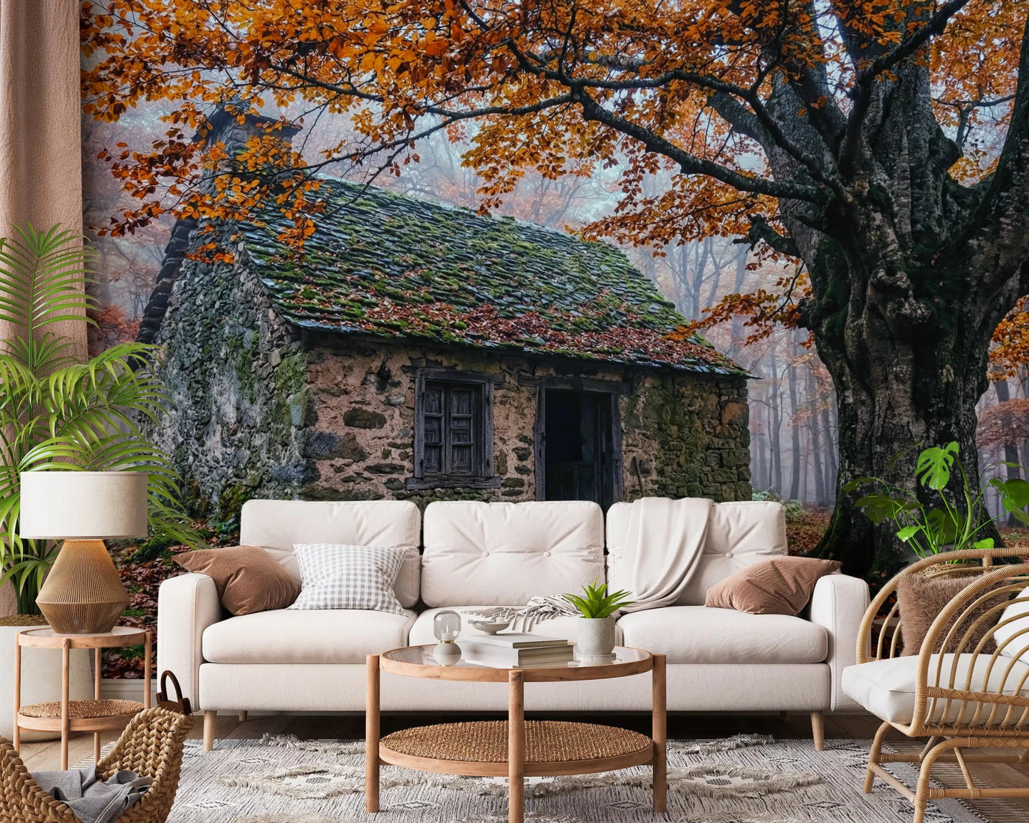 Rustic cottage wall mural for living room with autumn leaves and mossy stone cabin