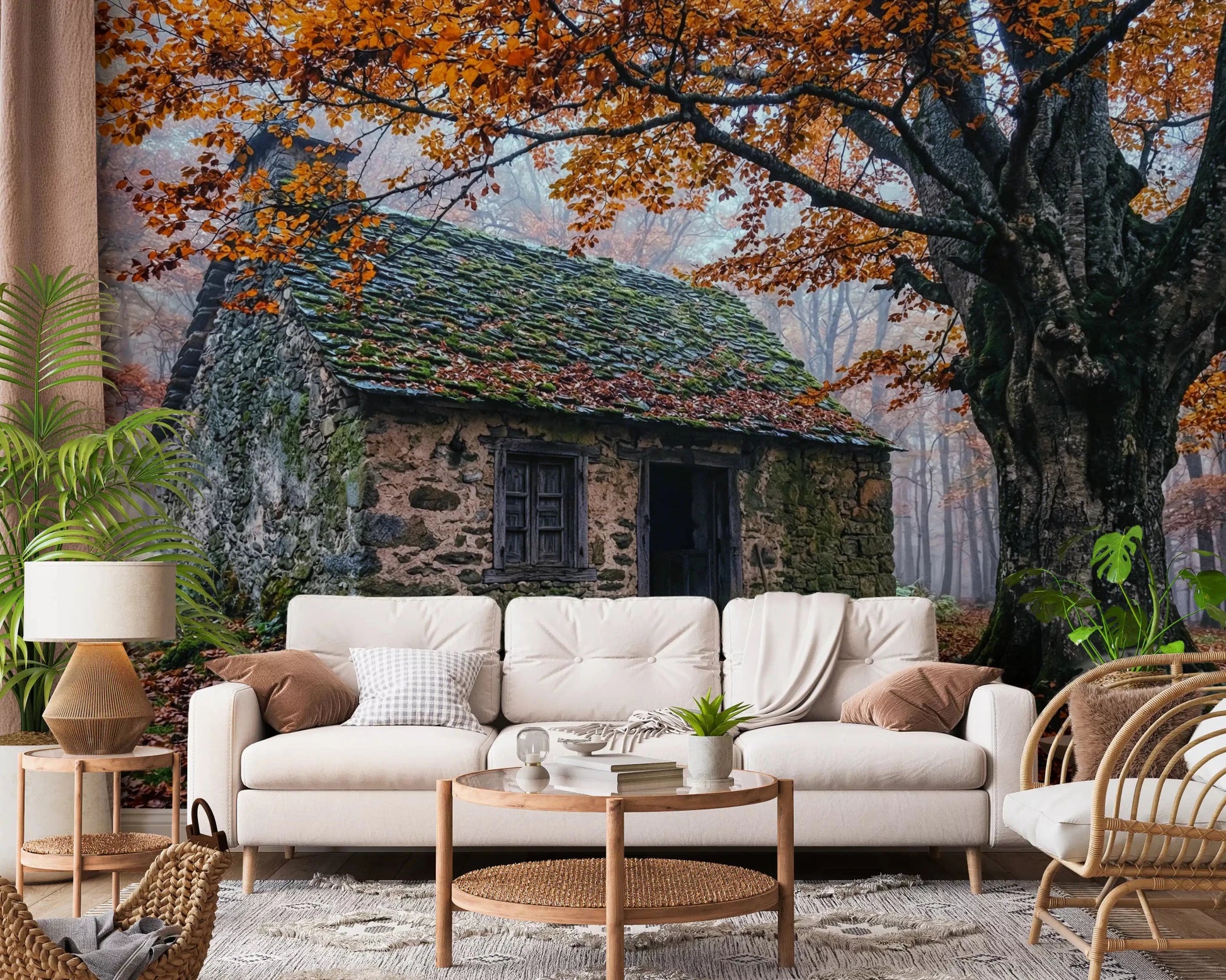 Rustic cottage wall mural for living room with autumn leaves and mossy stone cabin