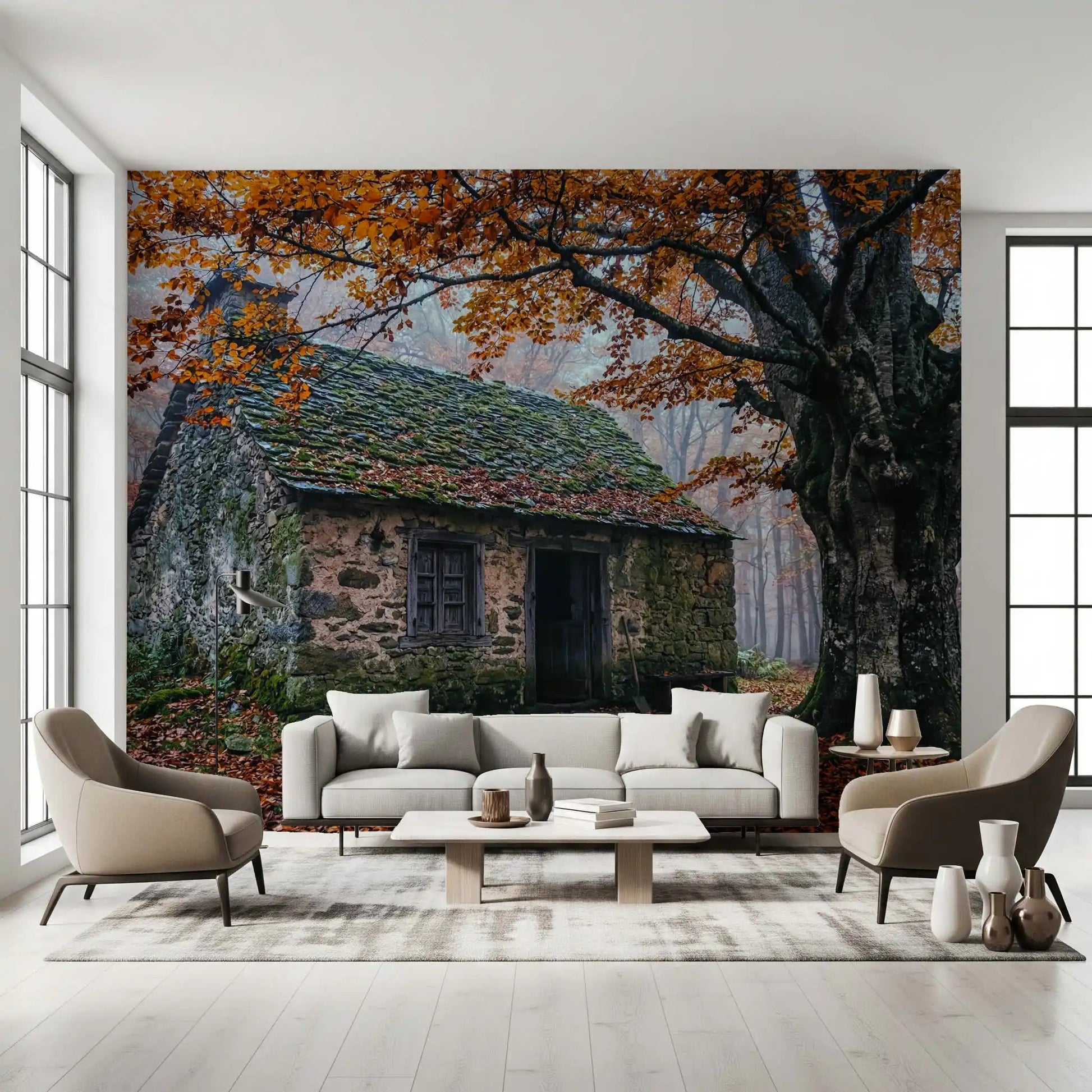 Woodland retreat wall mural with rustic stone walls and rich harvest foliage