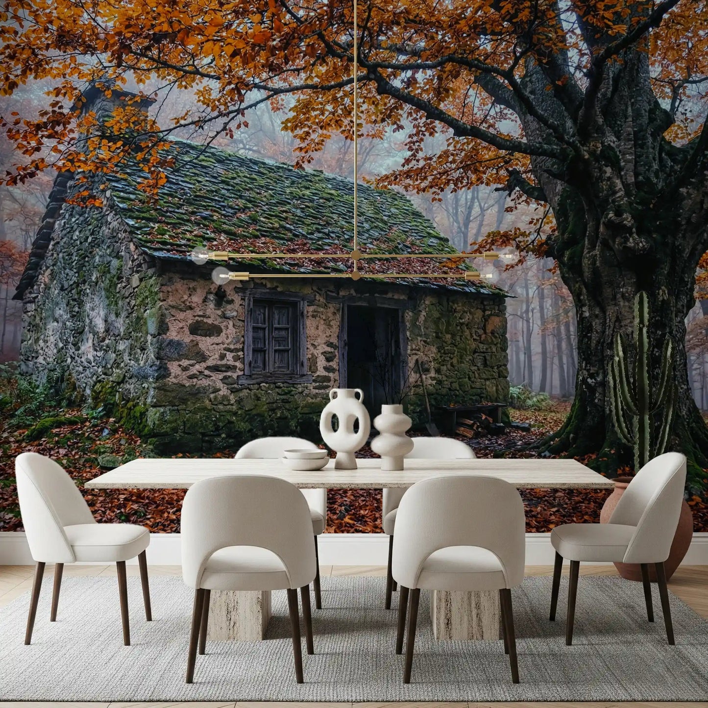 Harvest forest wall mural in dining room with misty trees and a weathered hearth cabin
