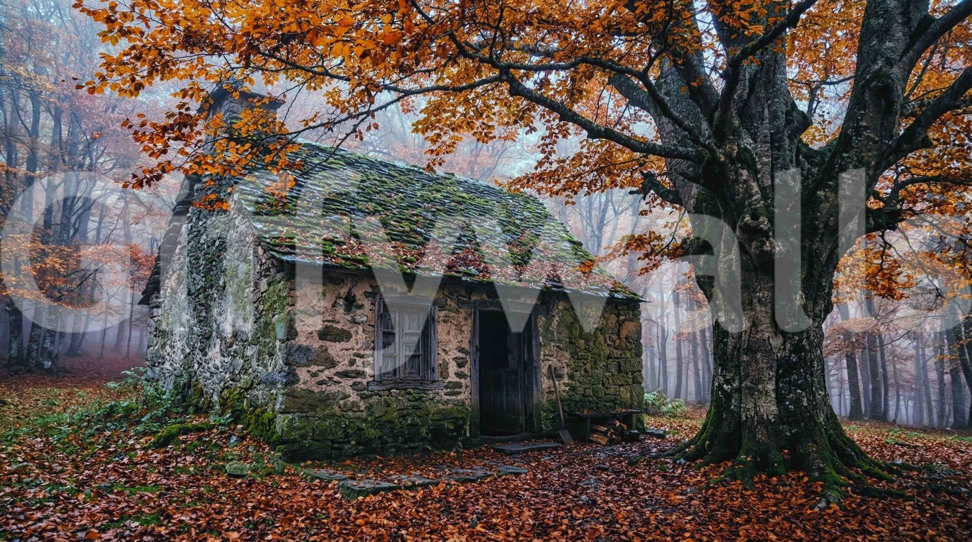 Misty autumn wall mural with an old cottage, mossy roof, and earthy forest tones