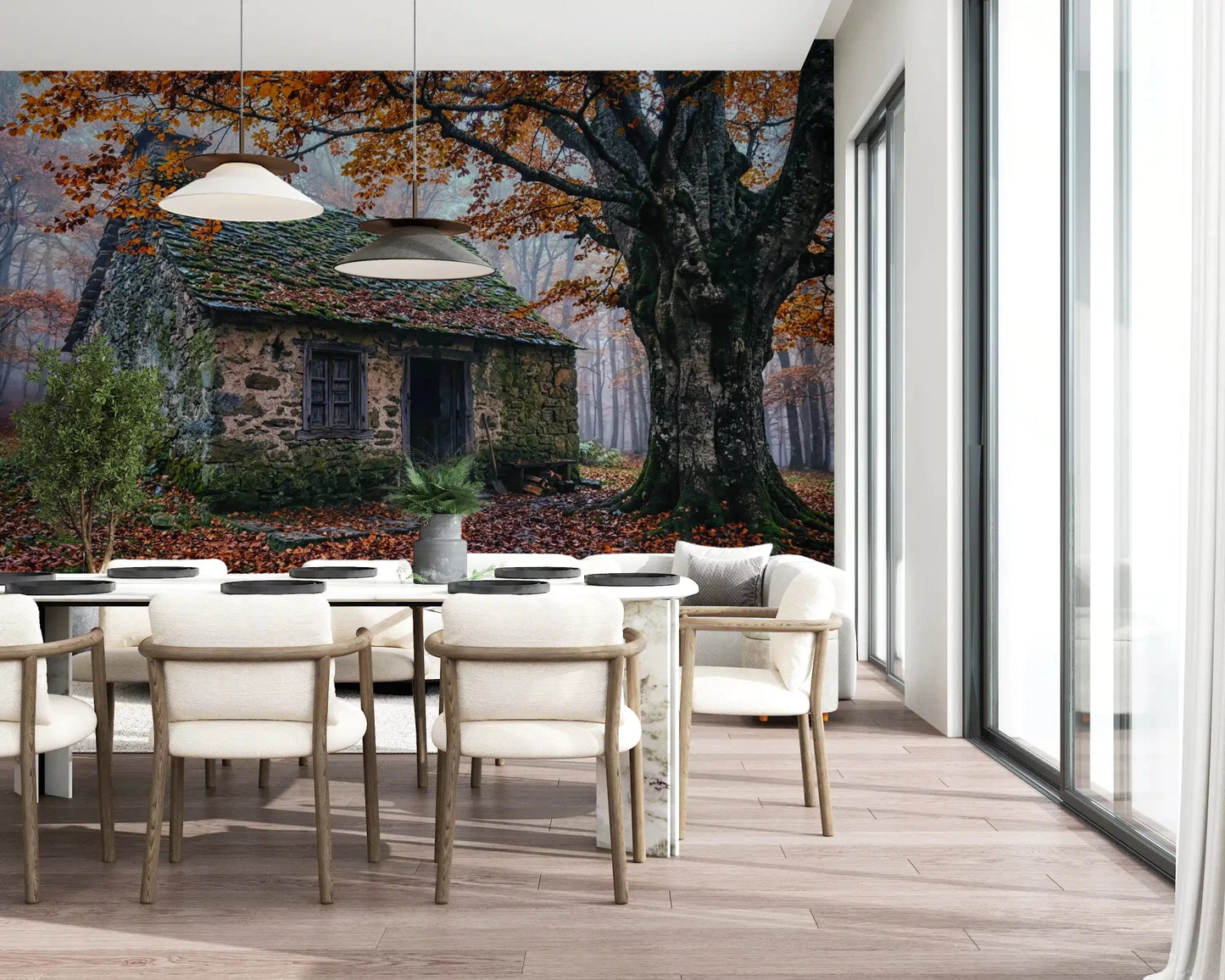 Woodland cabin wall mural in dining room with harvest leaves and an old stone hut