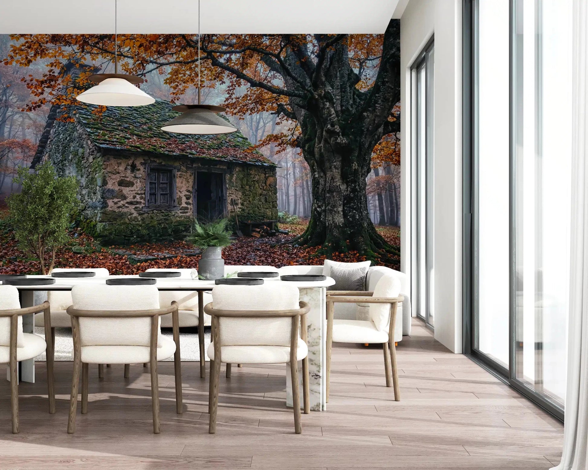Woodland cabin wall mural in dining room with harvest leaves and an old stone hut