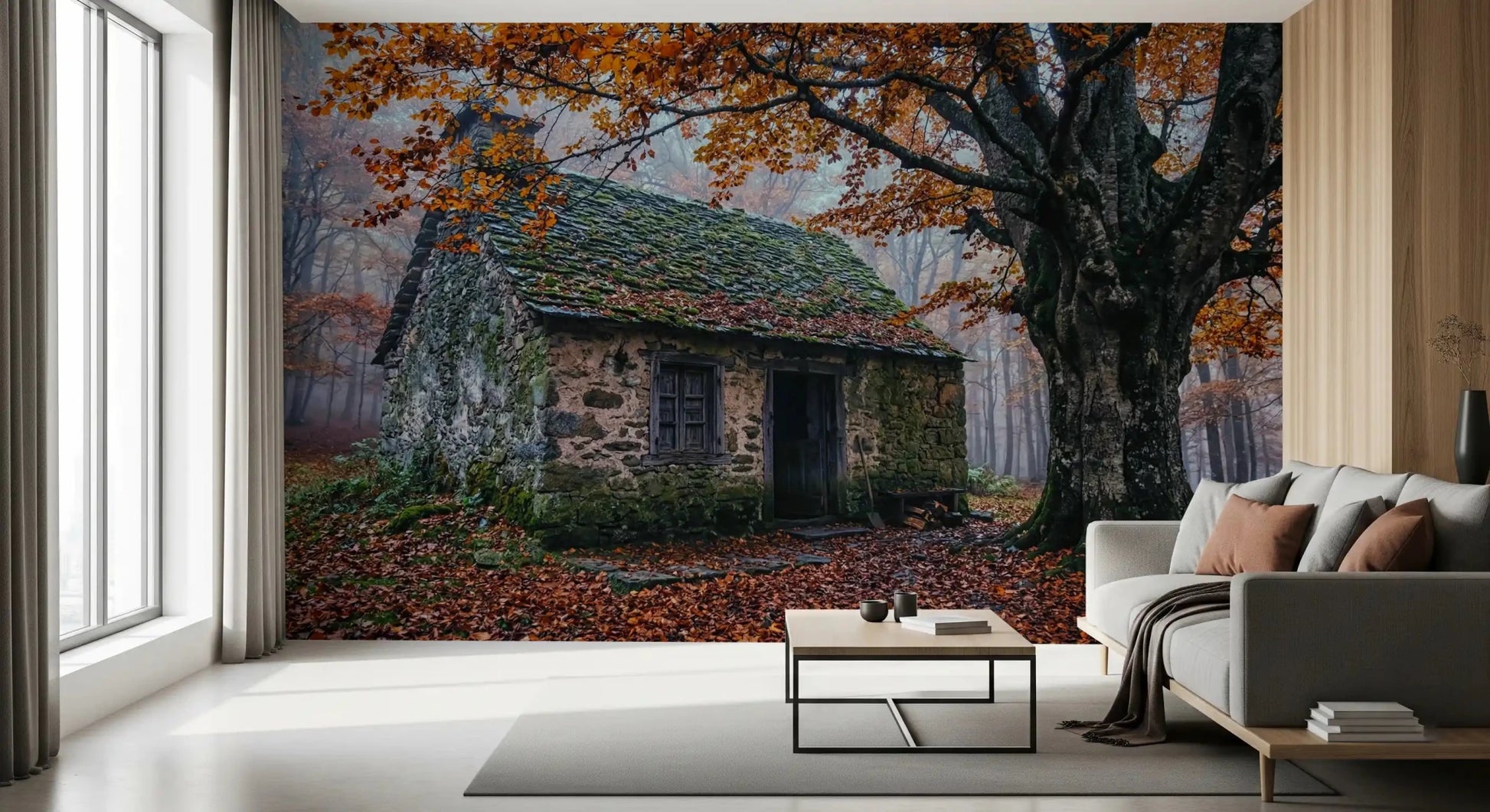 Autumn haven wall mural along a hallway with stone cottage detail and woodland fog