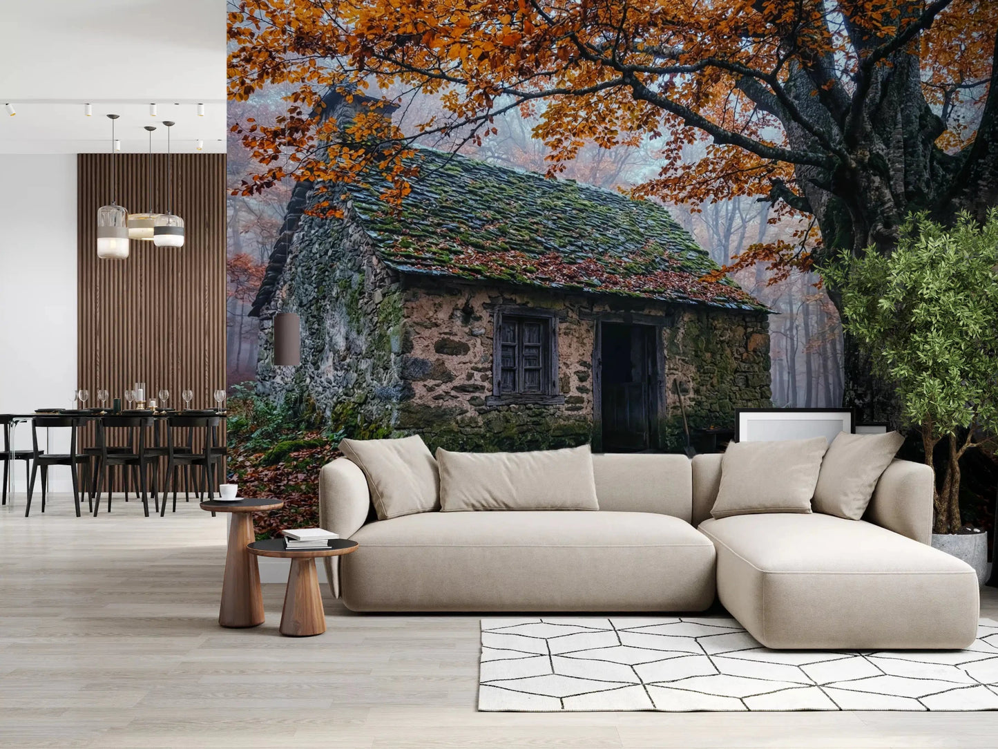 Hearth haven wall mural featuring a forest cabin, moss detail, and foggy light