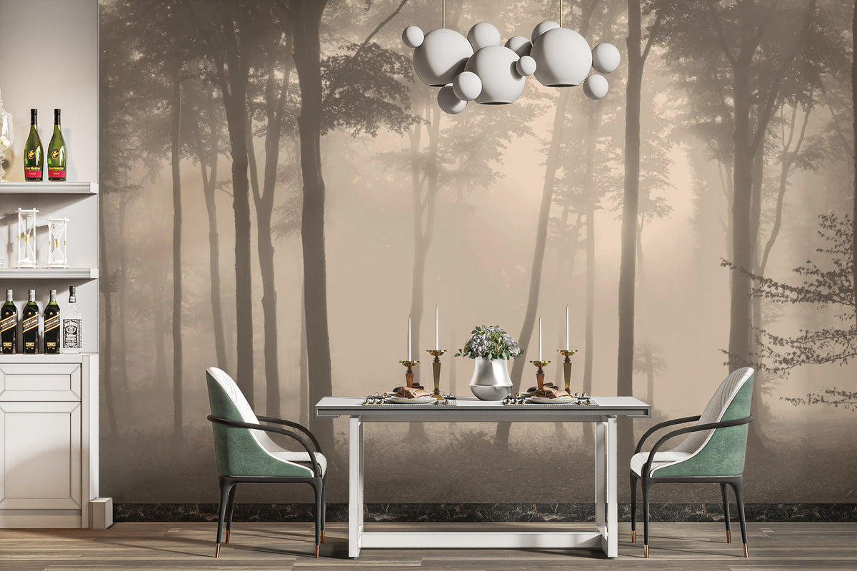 Spooky Haunted Halloween Foggy Forest wallpaper mural shown as a full feature wall that highlights the design