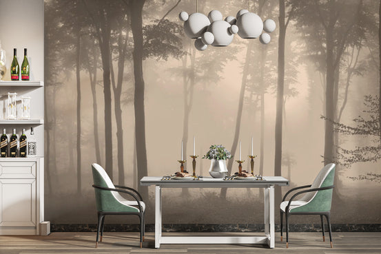 Spooky Haunted Halloween Foggy Forest wallpaper mural shown as a full feature wall that highlights the design