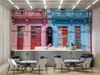 The mural shows a peaceful street scene.

