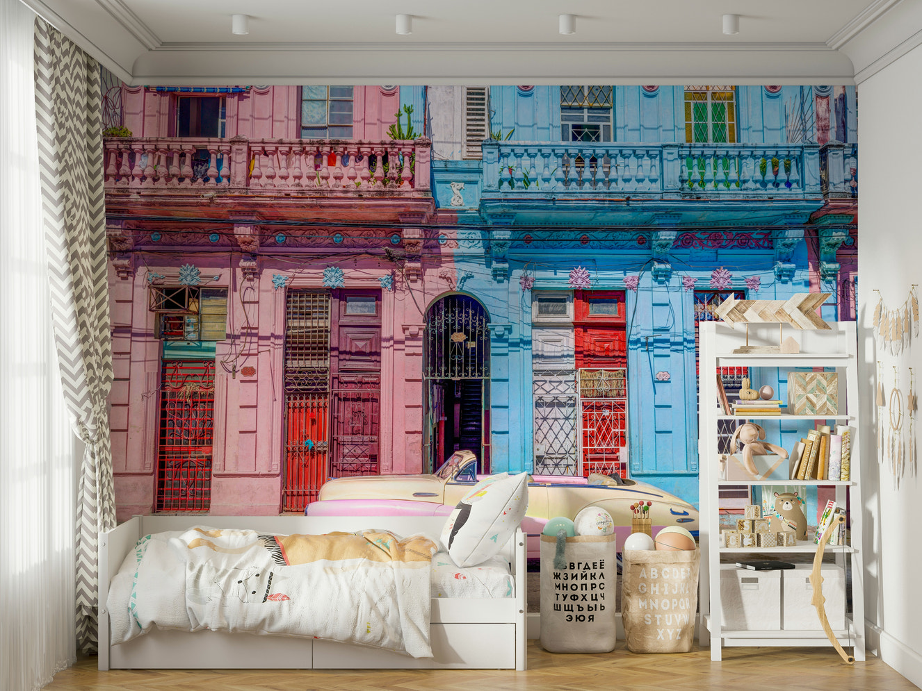 Wall mural with a vintage car in Havana.

