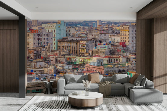 A wall mural of a vibrant Havana street scene.

