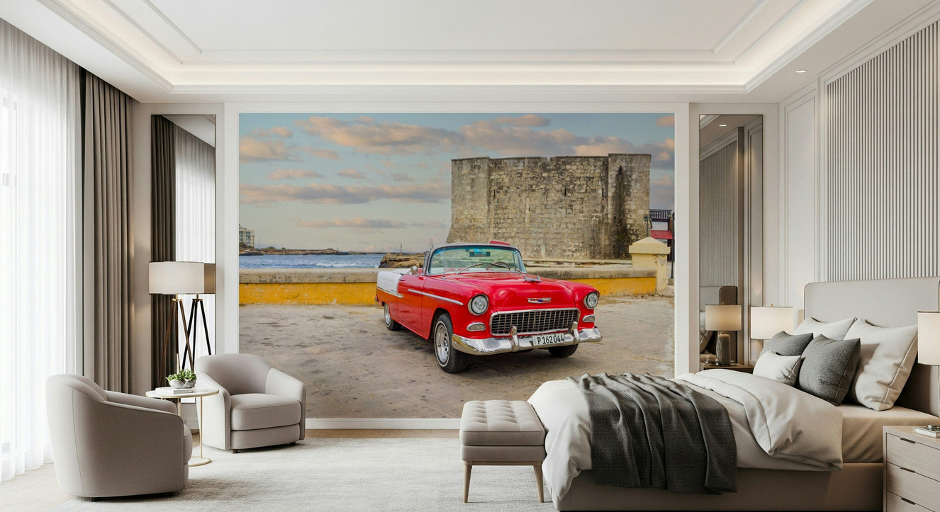 Havana street mural with vintage car, living room feature wall, warm color photo style