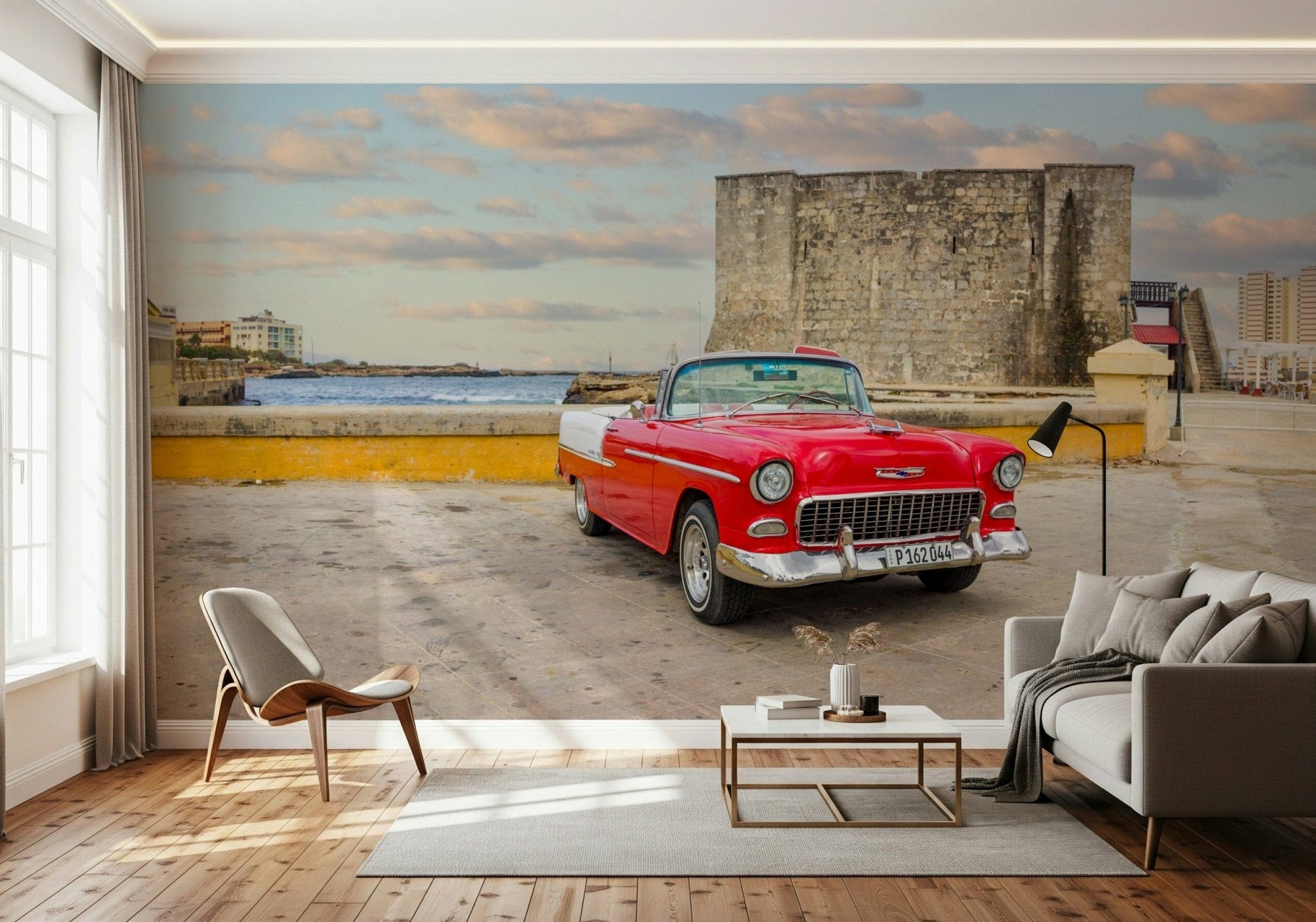 Study room mural, Havana retro ride car, pastel facades, modern wall decor