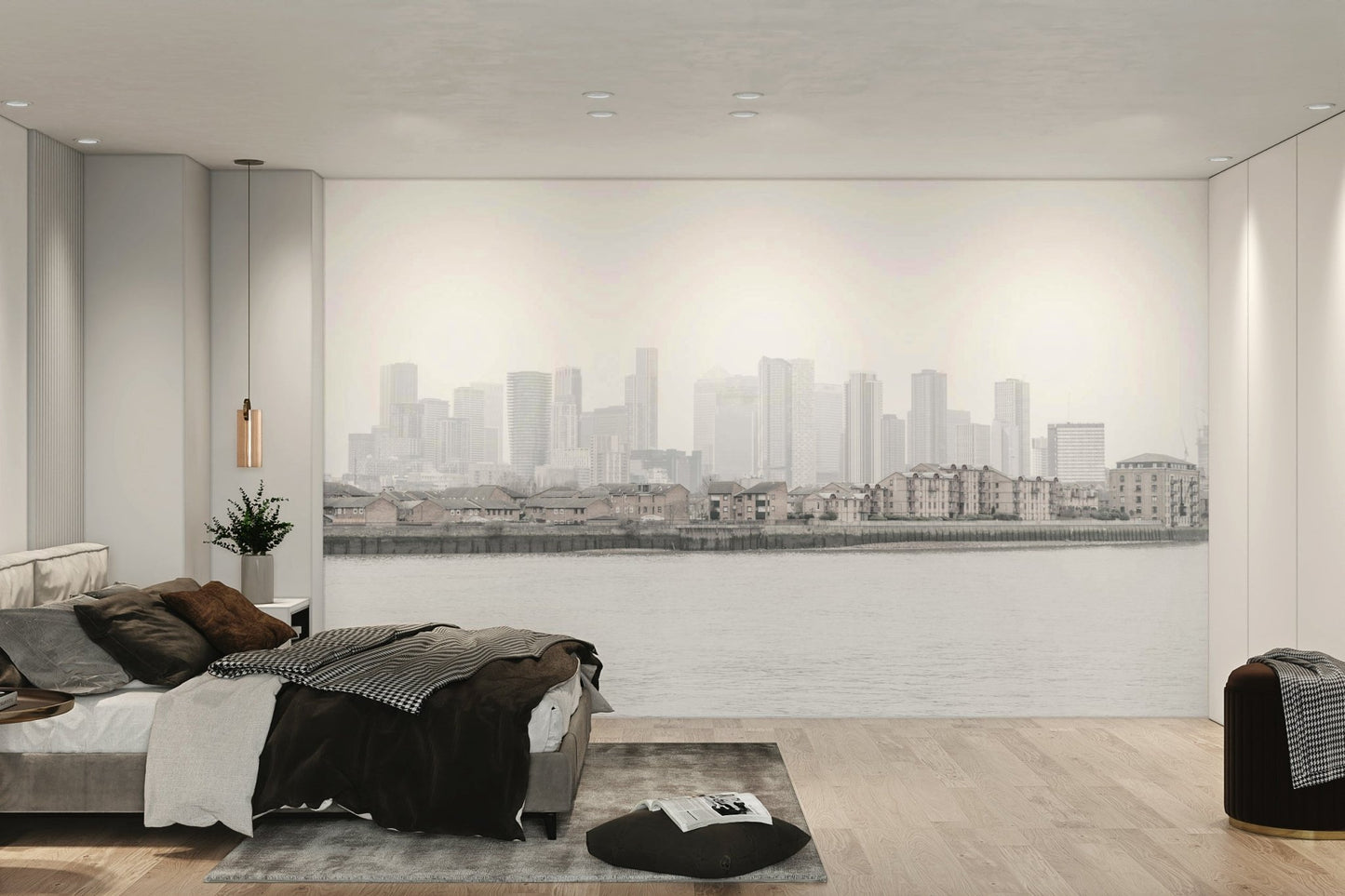 The color palette is composed of muted grays, soft blues, and subtle, diffused lights from the city.
