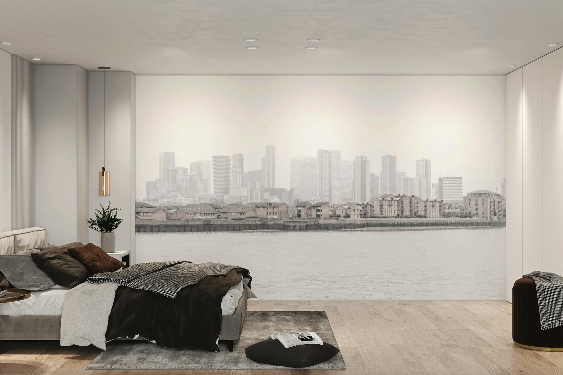 The color palette is composed of muted grays, soft blues, and subtle, diffused lights from the city.
