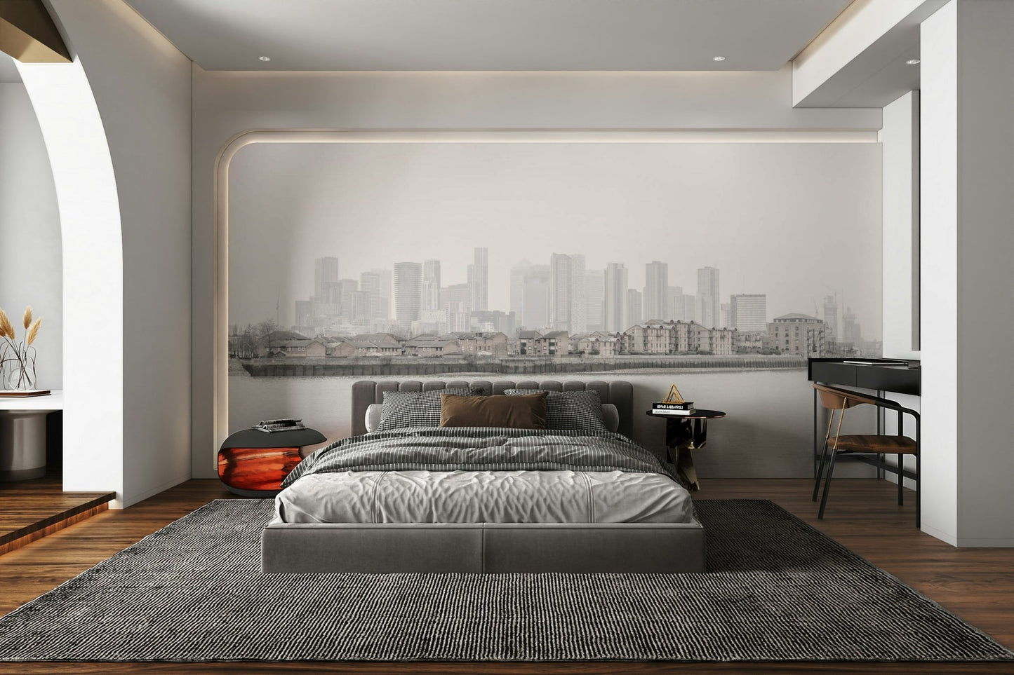 The design evokes a sense of mystery, tranquility, and urban contemplation.
