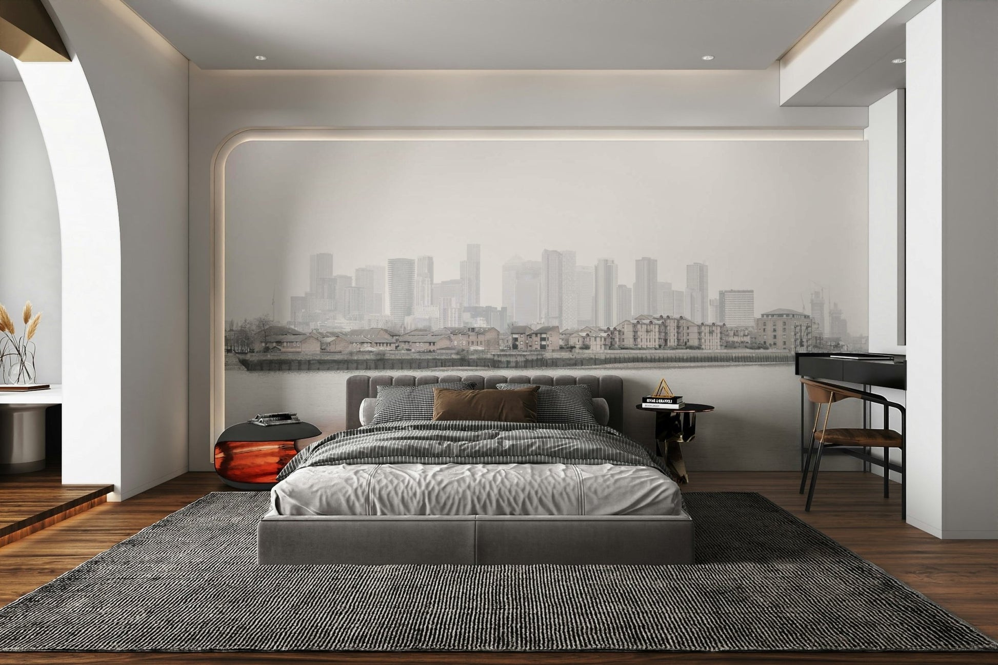 The design evokes a sense of mystery, tranquility, and urban contemplation.
