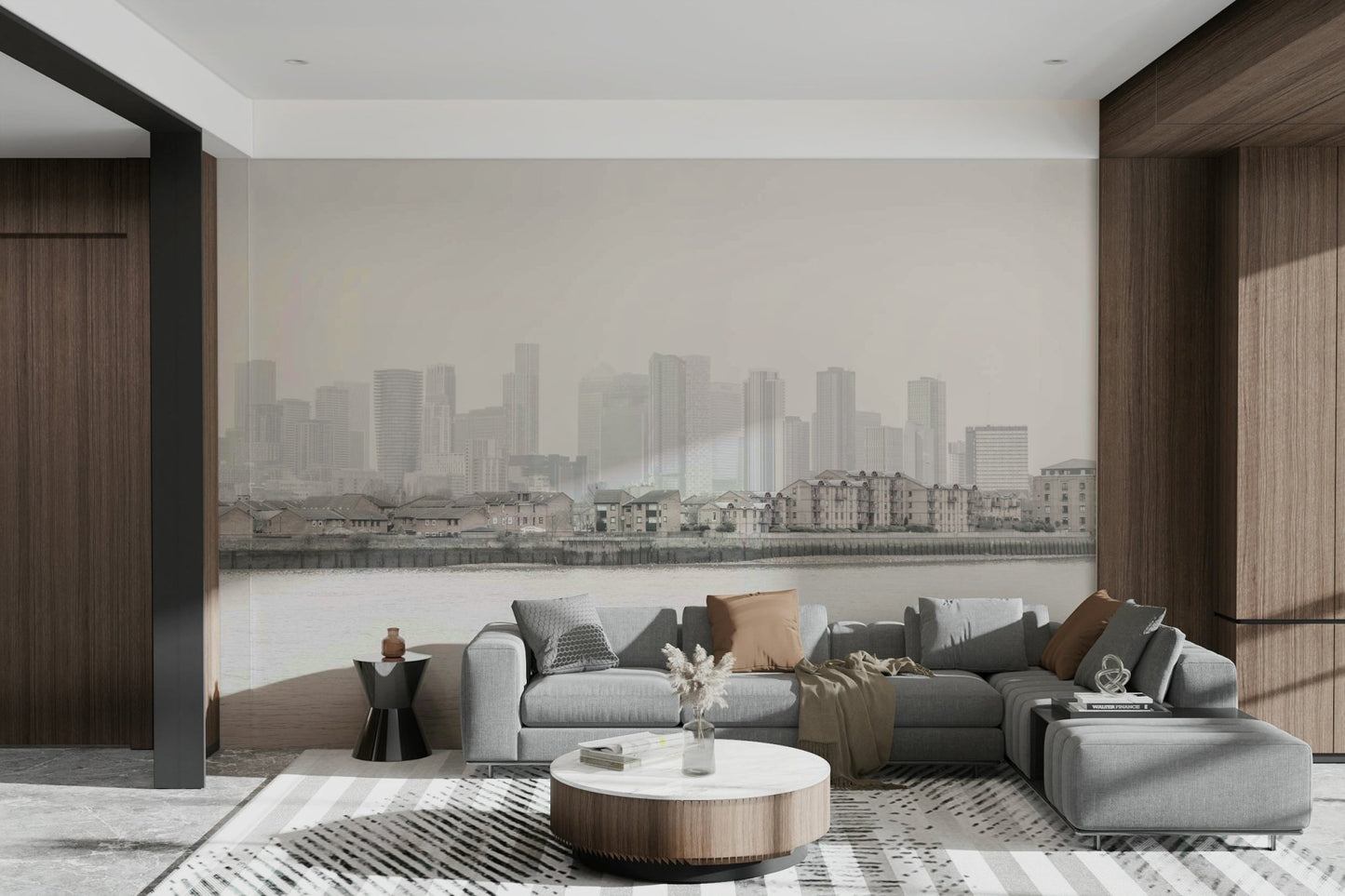 The mural covers a significant wall area, creating an immersive cityscape view.

