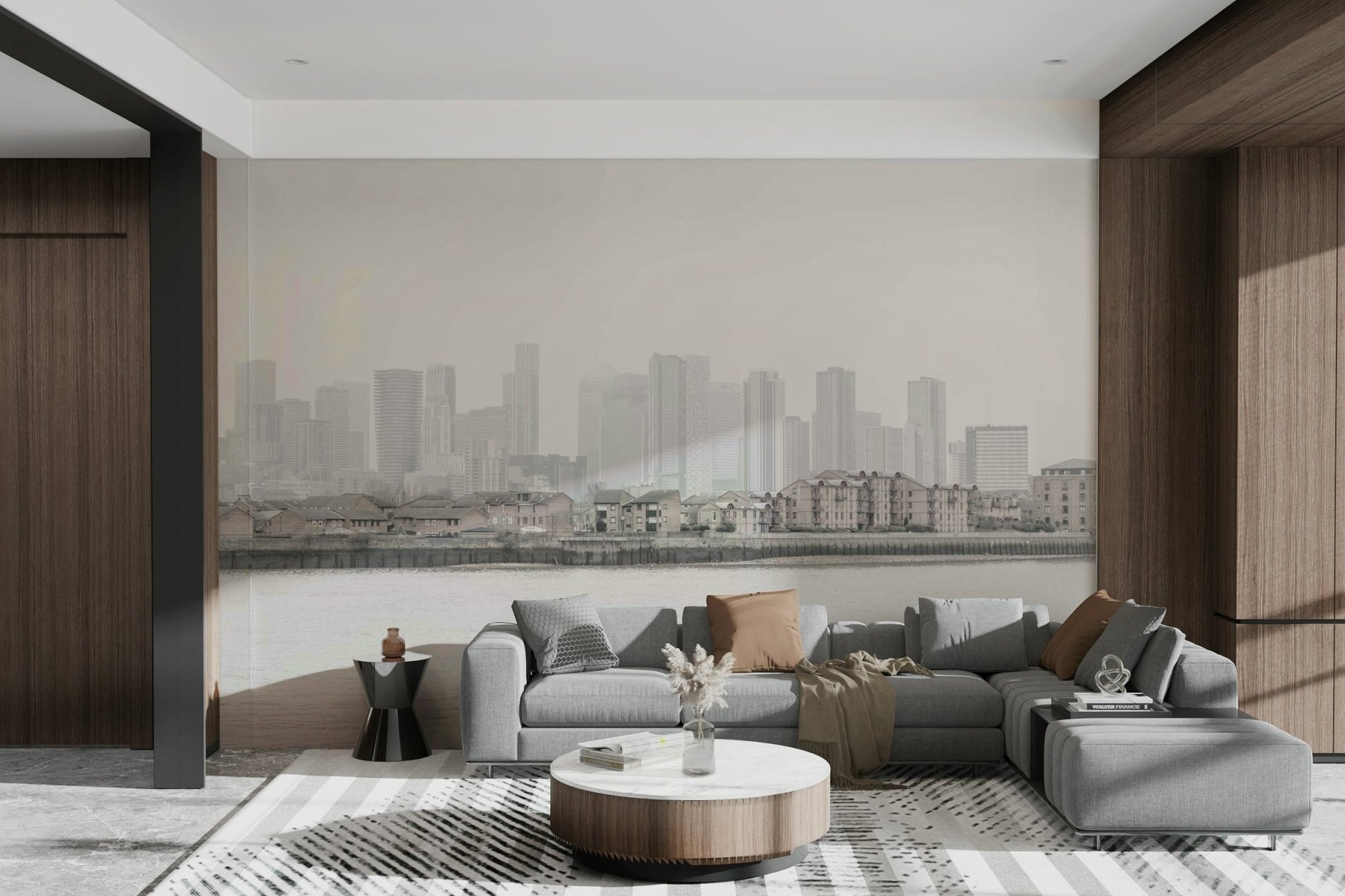 The mural covers a significant wall area, creating an immersive cityscape view.
