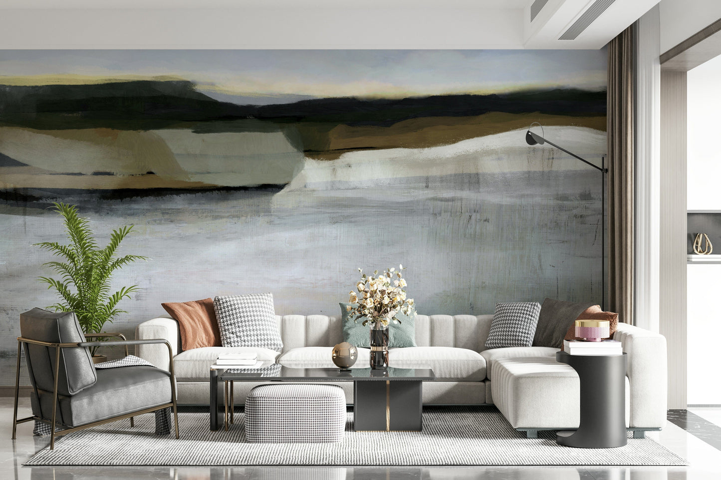 A calming abstract design wallpaper mural that defines a space.