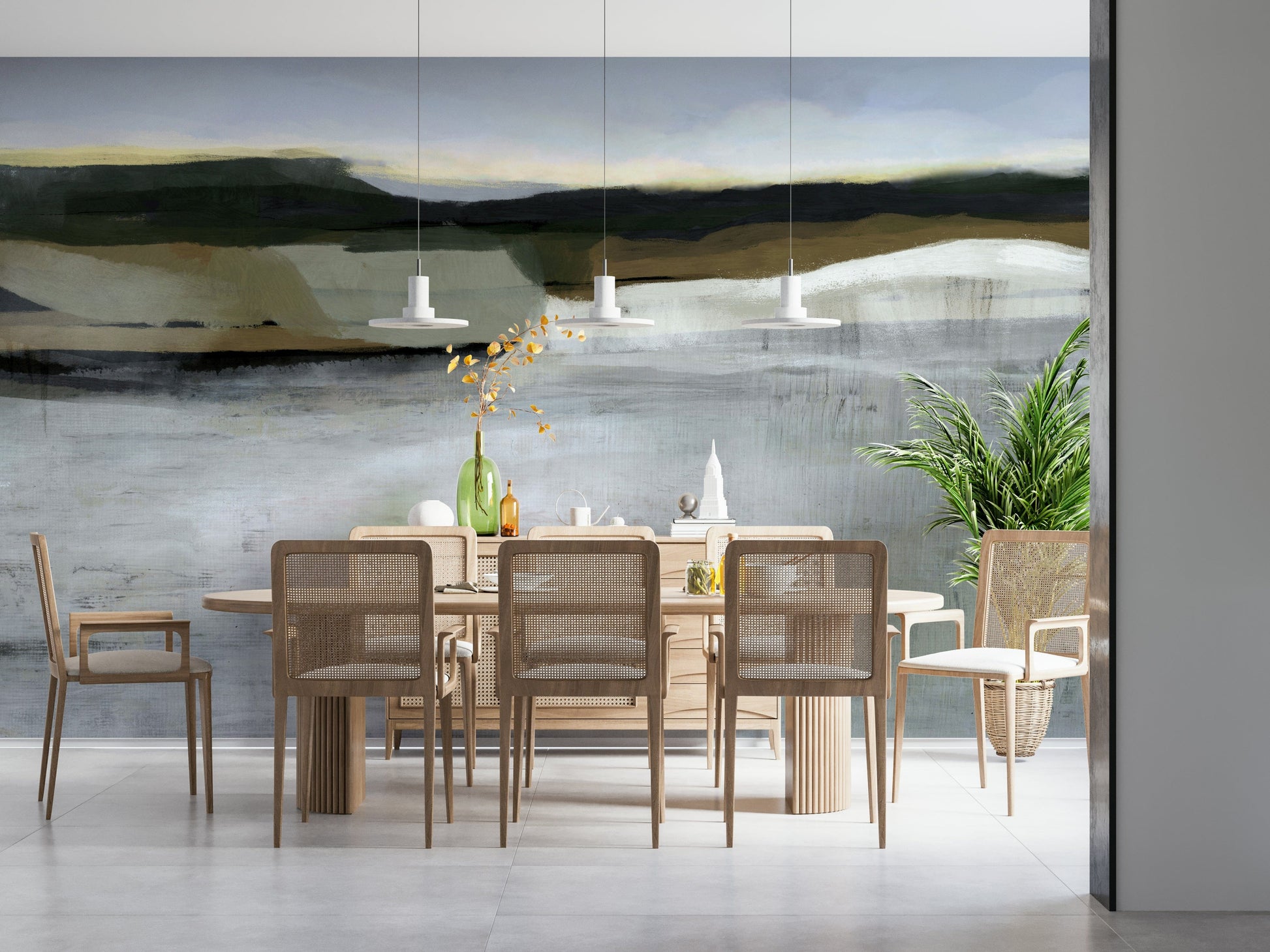 A beautiful modern art wall mural of delicate lines.