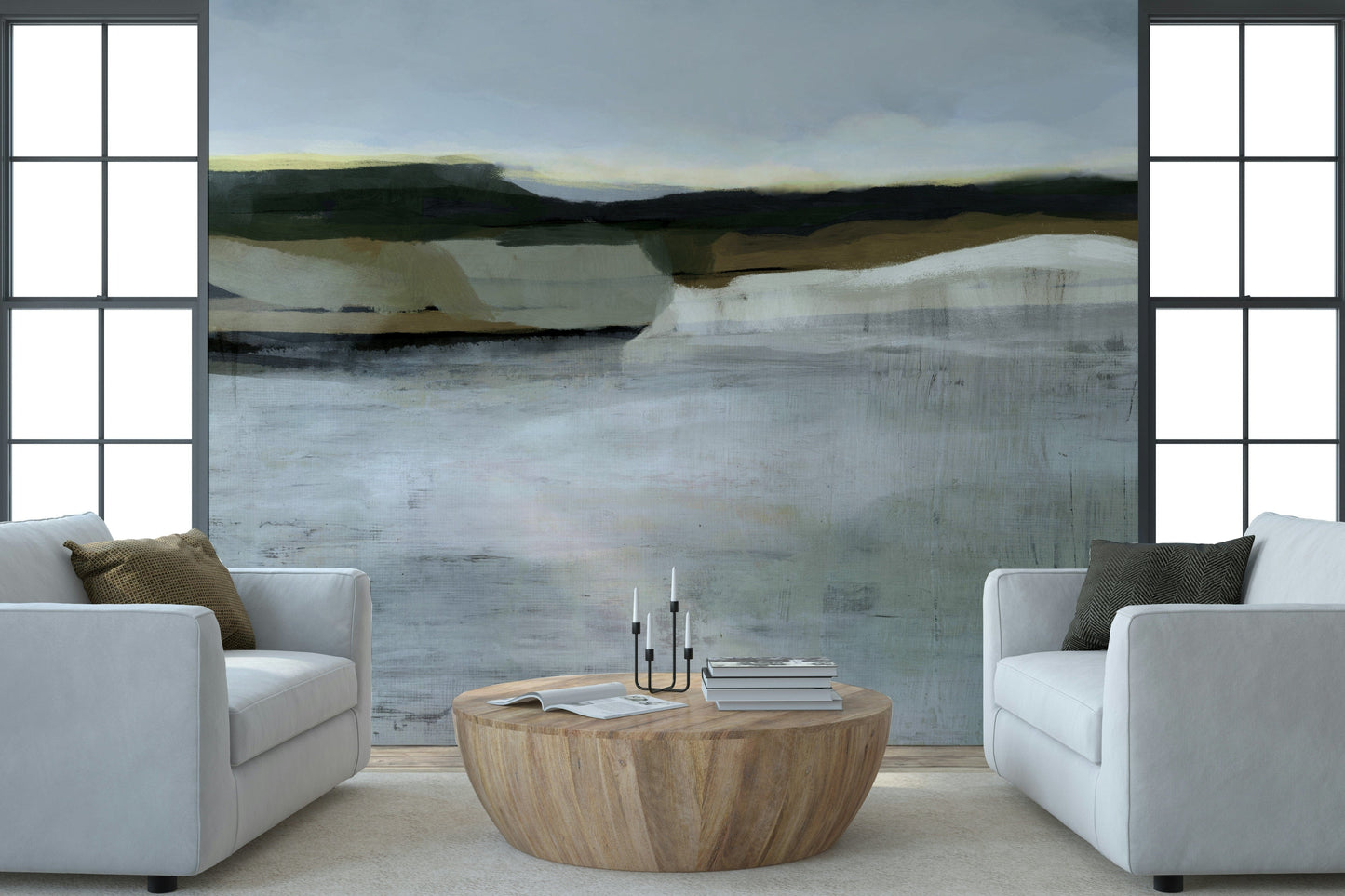 A peaceful modern abstract mural on decorative wallpaper.