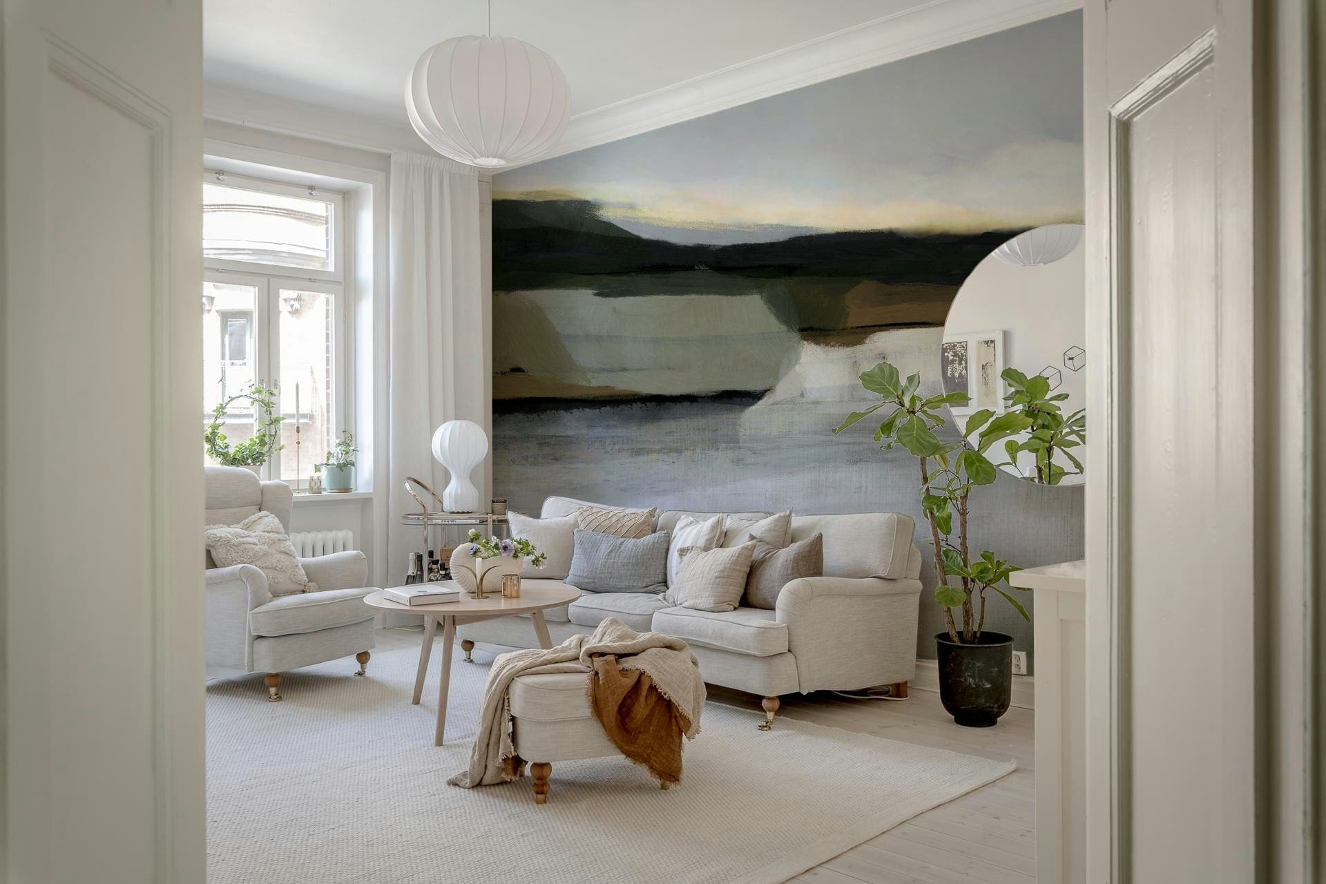 A beautiful subtle abstract wallpaper mural with a hazy horizon line.