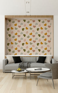 Warm-toned heart motifs dispersed across a neutral background in this heart-themed wallpaper.