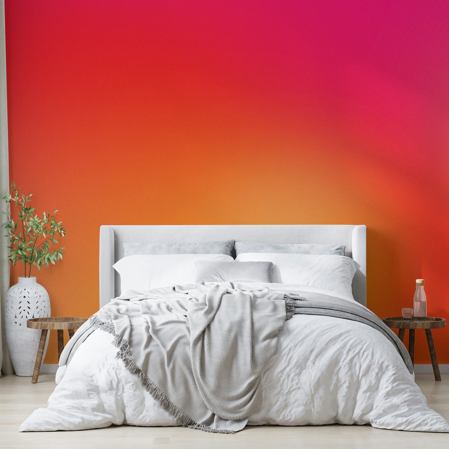 Fiery hot pink to orange wall mural for energetic home decor.

