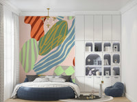 An artistic abstract pattern mural on minimalist wallpaper.