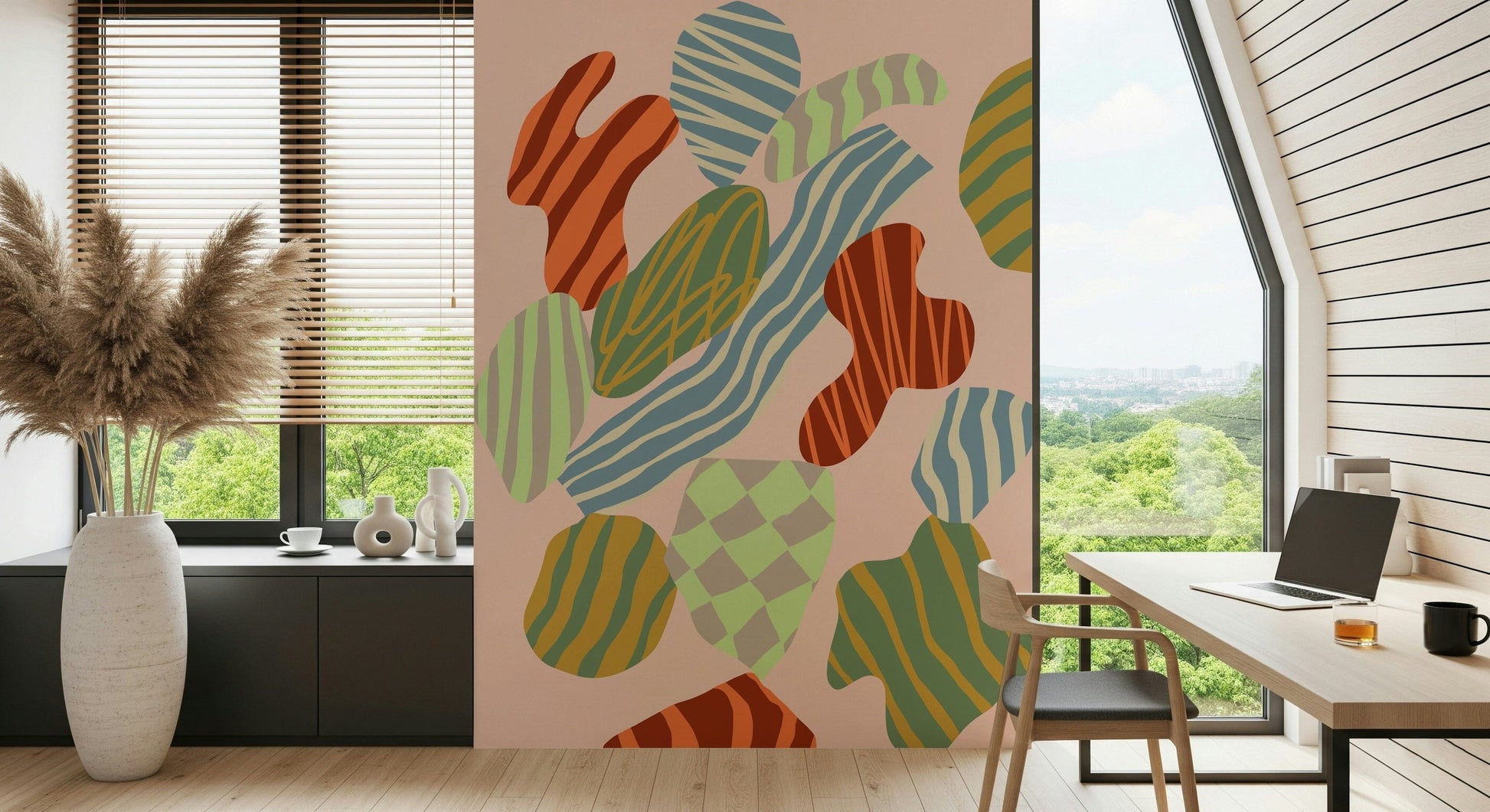 A serene flowing design wall mural in warm, intense tones.