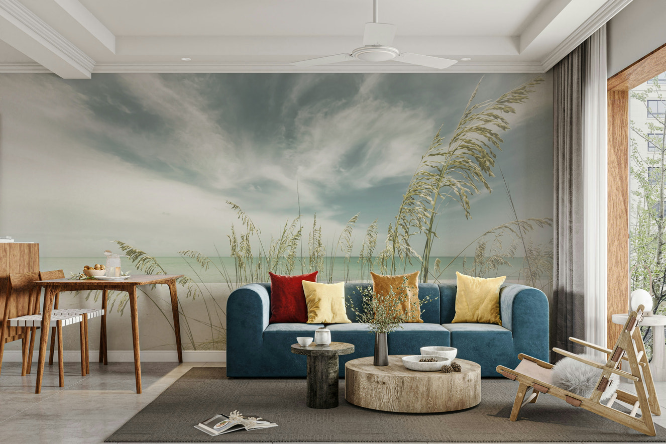 Heavenly Calmness on the Beach Vintage Wall Mural with soft waves.


