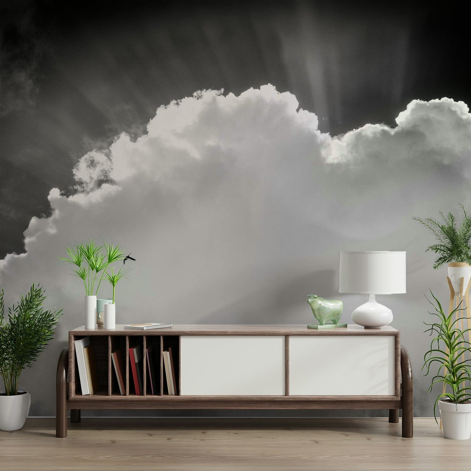 A peaceful vast sky mural on decorative wallpaper.

