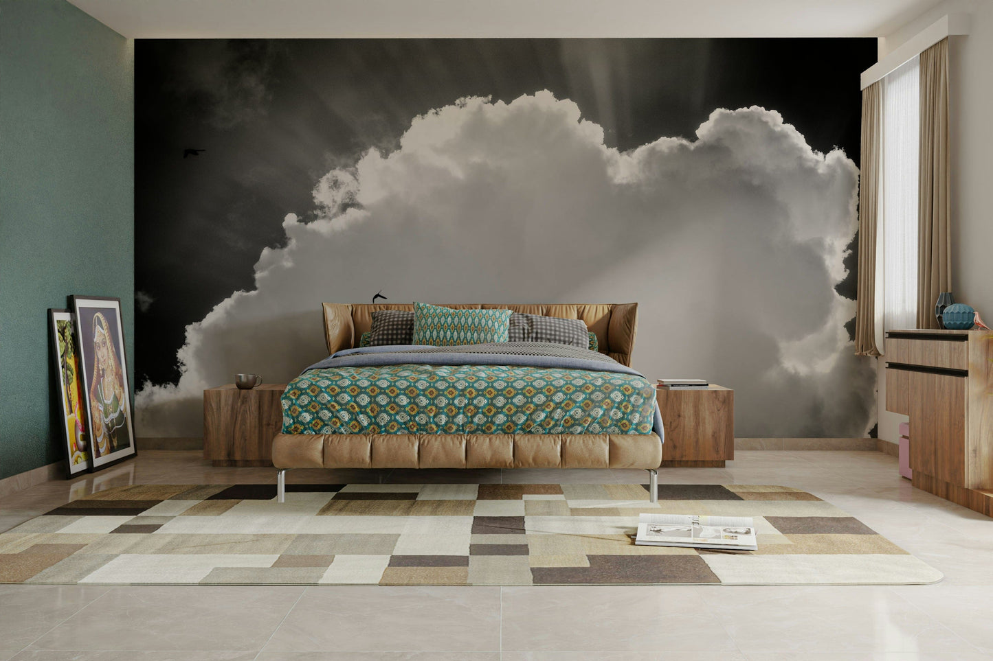 An artistic heavenly scene mural on minimalist wallpaper.

