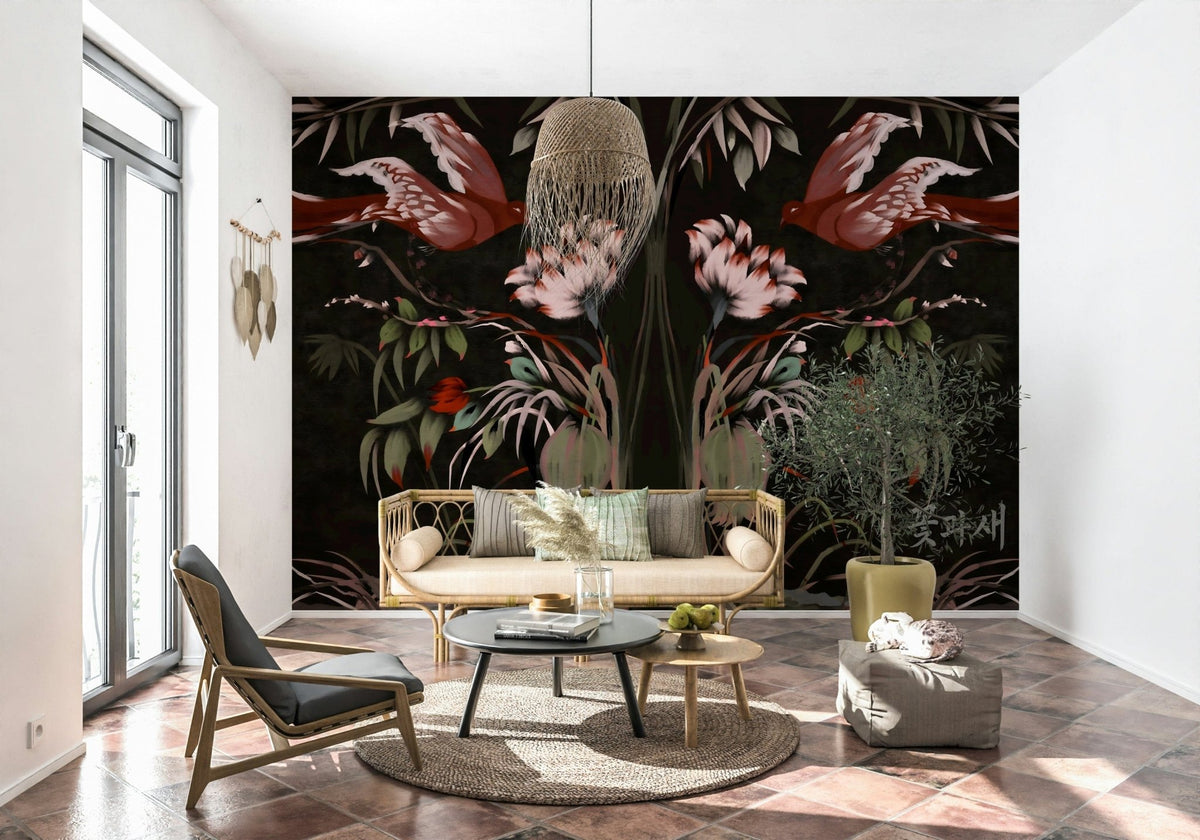 Heaven's Birds Joseon wallpaper mural of red birds and pink flowers behind a cane sofa and olive tree in a living room