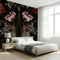 Heaven's Birds Joseon wallpaper mural of dark blooms and birds behind a grey platform bed in a bright bedroom