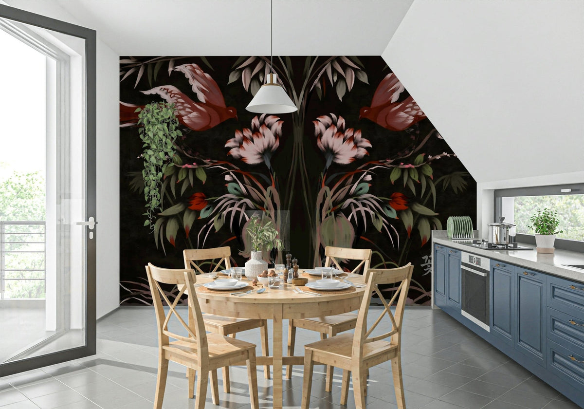 Heaven's Birds Joseon wallpaper mural of moody florals and birds in a kitchen with navy cabinets and a wood table