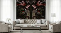 Heaven's Birds Joseon wallpaper mural of crimson birds and blooms behind a beige tufted sofa and armchairs