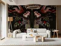 Heaven's Birds Joseon wallpaper mural of moody florals and birds behind a grey sofa and wood-ring chandelier