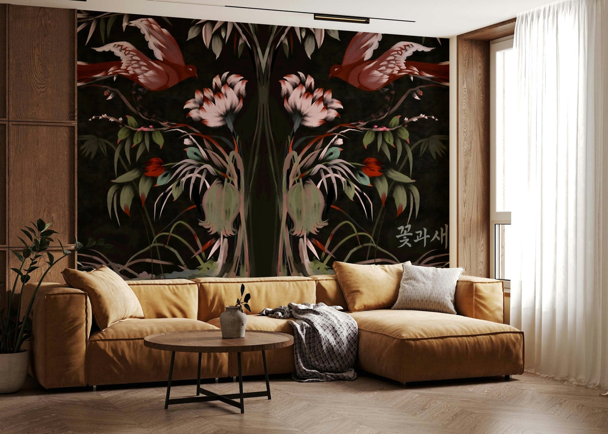Heaven's Birds Joseon wallpaper mural of crimson birds on black behind a mustard L-shaped sectional in a living room