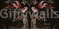 Heaven's Birds Joseon wallpaper mural close-up of mirrored crimson birds and pink flowers on a dark background