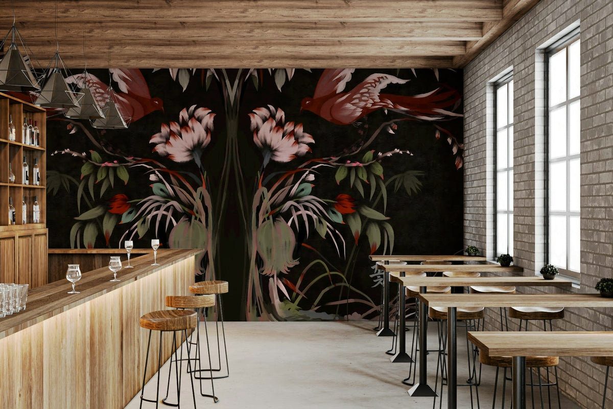 Heaven's Birds Joseon wallpaper mural of red birds and pink blooms behind a wood bar counter and stools in a cafe
