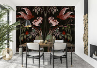 Heaven's Birds Joseon wallpaper mural of dark Korean birds and flowers behind a dark wood dining table and chairs