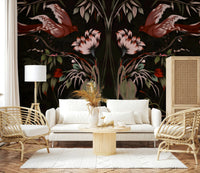 Heaven's Birds Joseon wallpaper mural of red birds and pink flowers on black behind a white sofa and rattan chairs