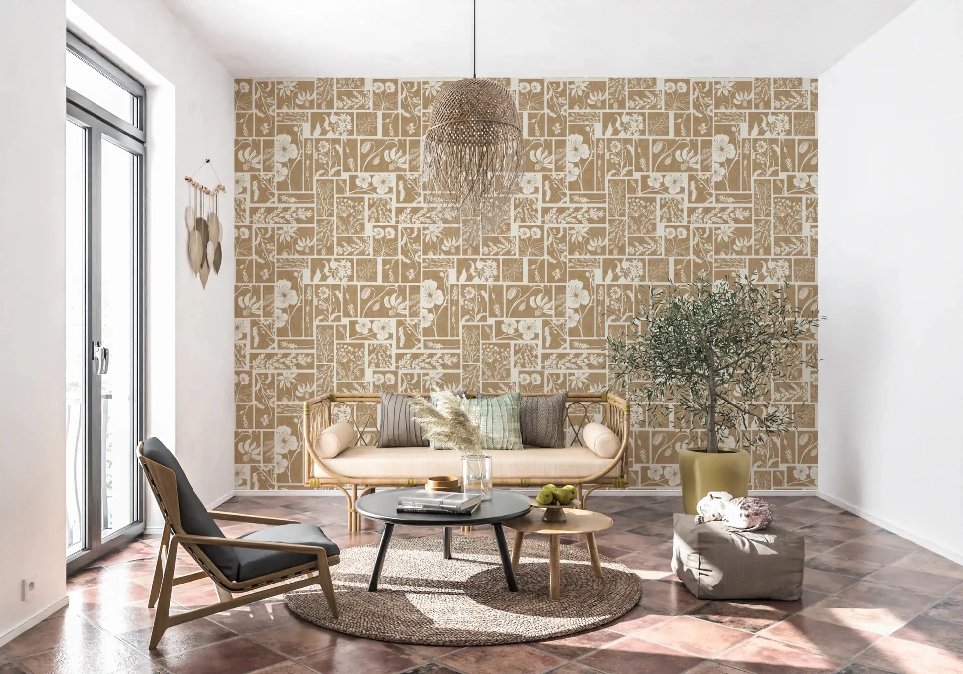 Botanical tile wallpaper with soft neutral tones