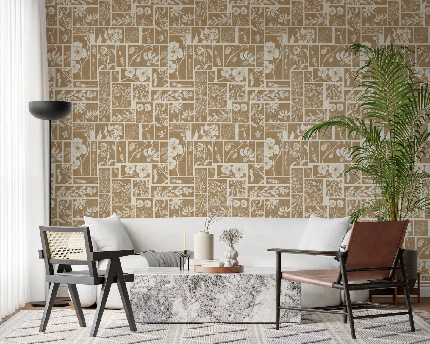 Classic floral botanical wallpaper with beige grid pattern